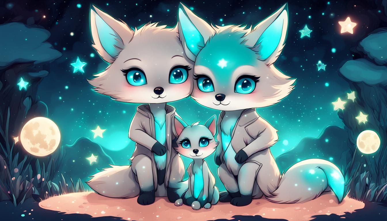 Chibi Characters and Baby Fox in Bioluminescent Night