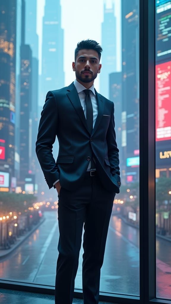 AI Professional in Futuristic Cityscape, Digital Art