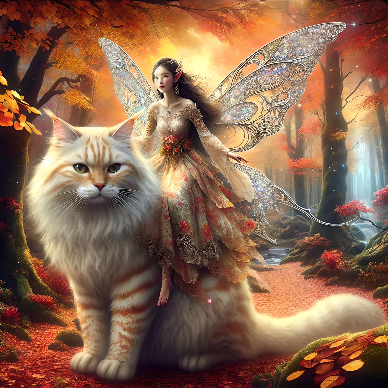 Beautiful ultradetailed Asian fairy riding on beautiful ultradetailed cat,  walking through the autumn forest
detailed f...