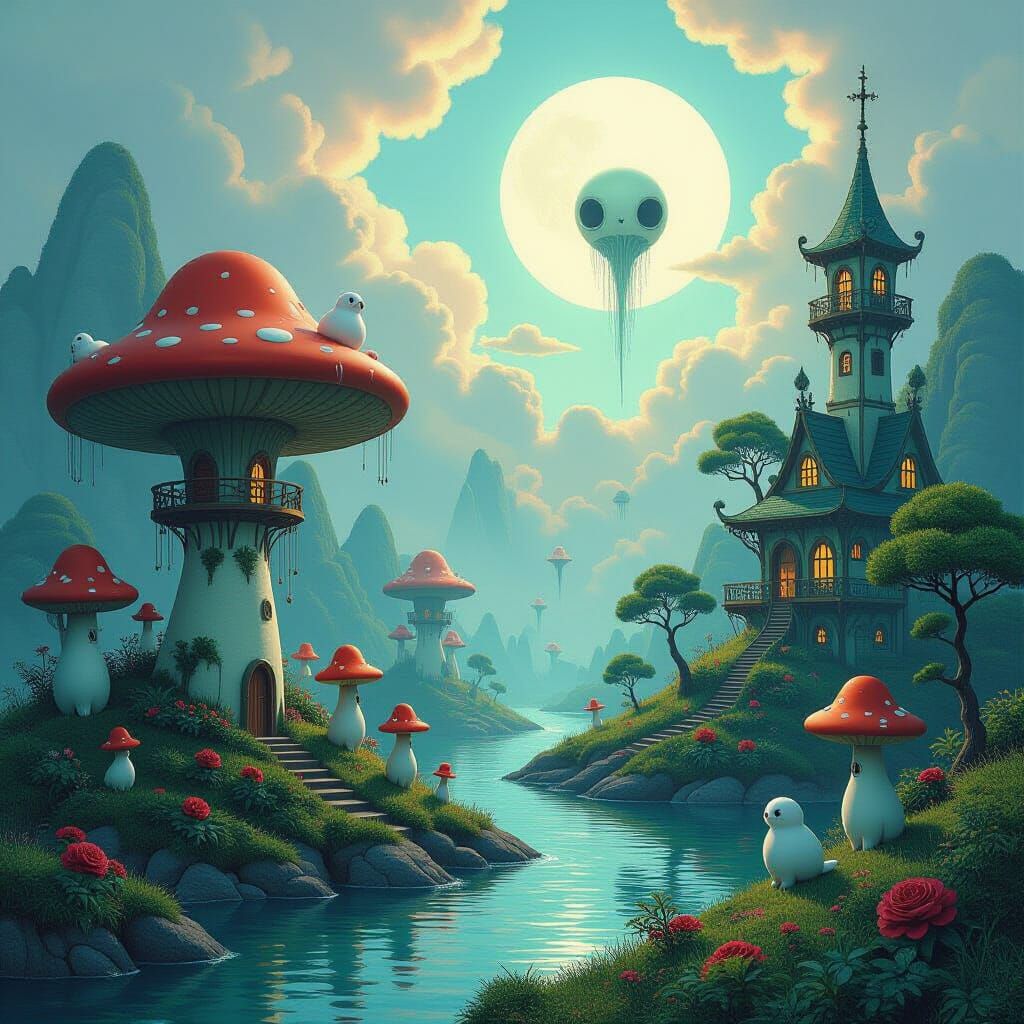 Surreal Dreamscape with Whimsical Creatures in Digital Art