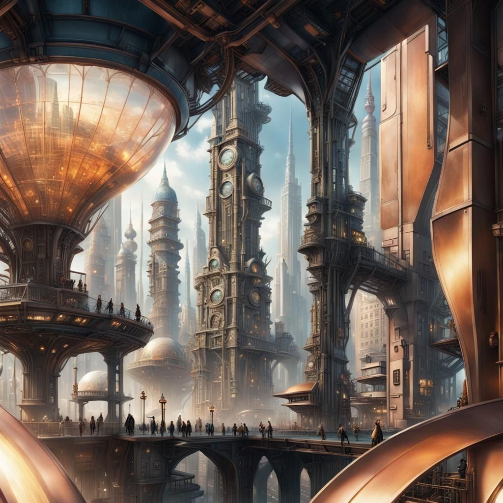 Futuristic Cityscape with Steampunk Elegance