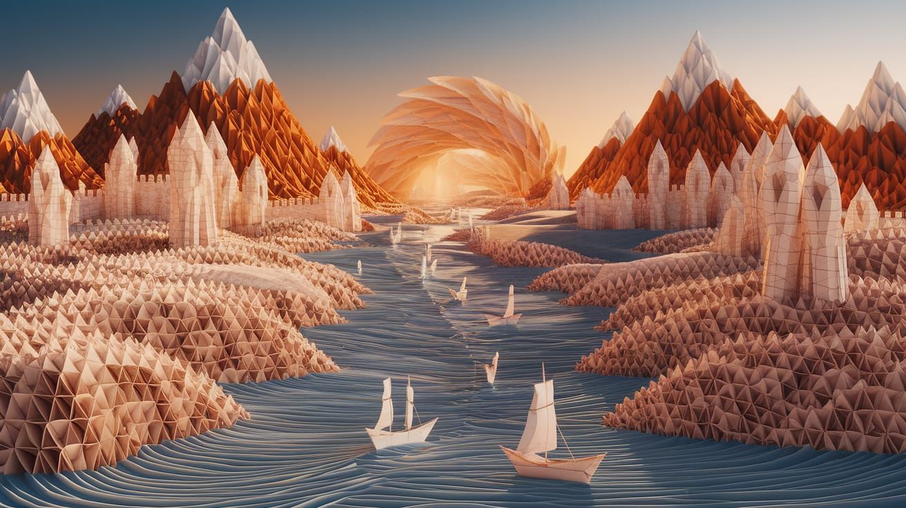 Origami Fantasy World with Paper Cities and Mountains