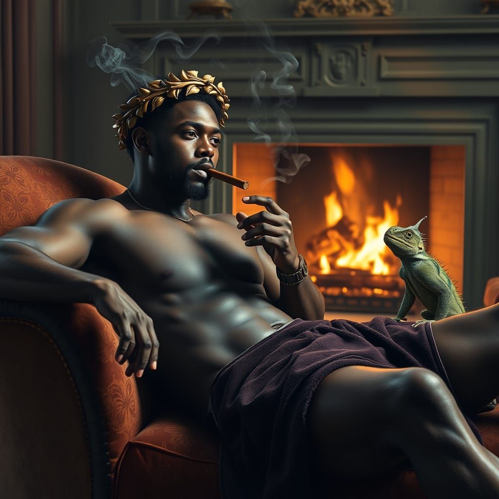 Regal Black Man Lounging with Iguana, Classical Portrait