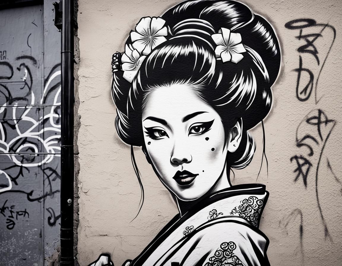 Monochrome Geisha Rockabilly Graffiti Art