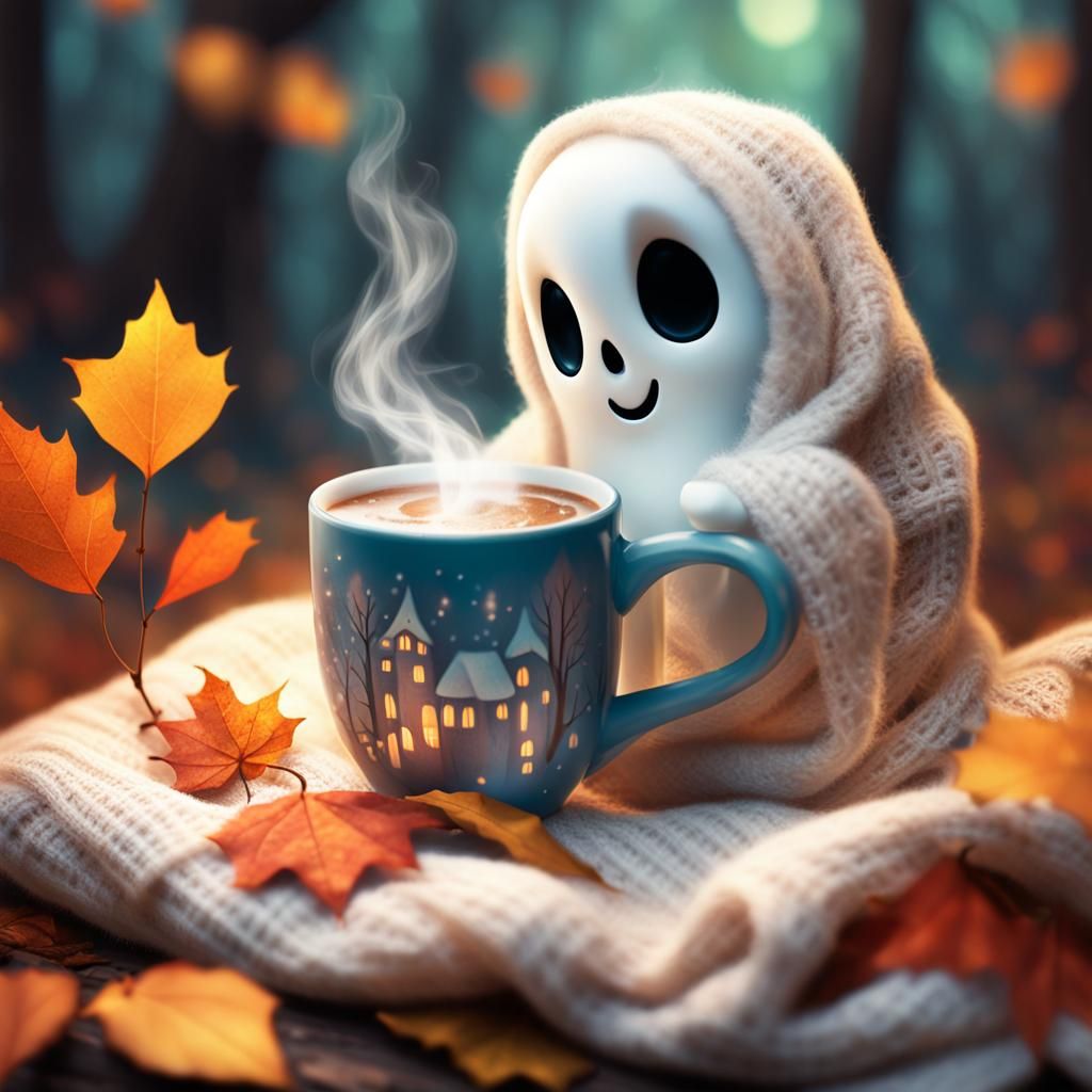 Tiny Ghost with Cocoa in Mystical Forest