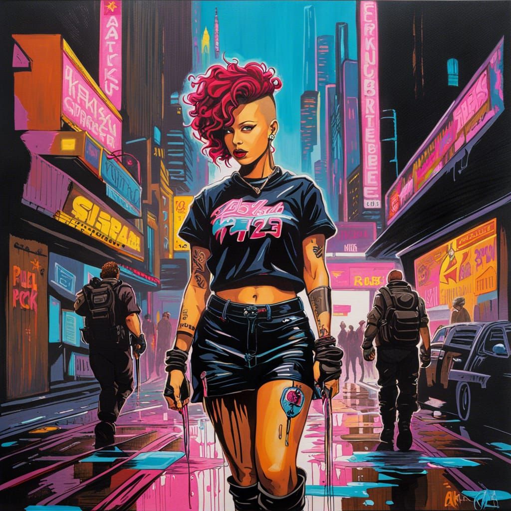 Cybergoth Women in Cyberpunk Cityscape