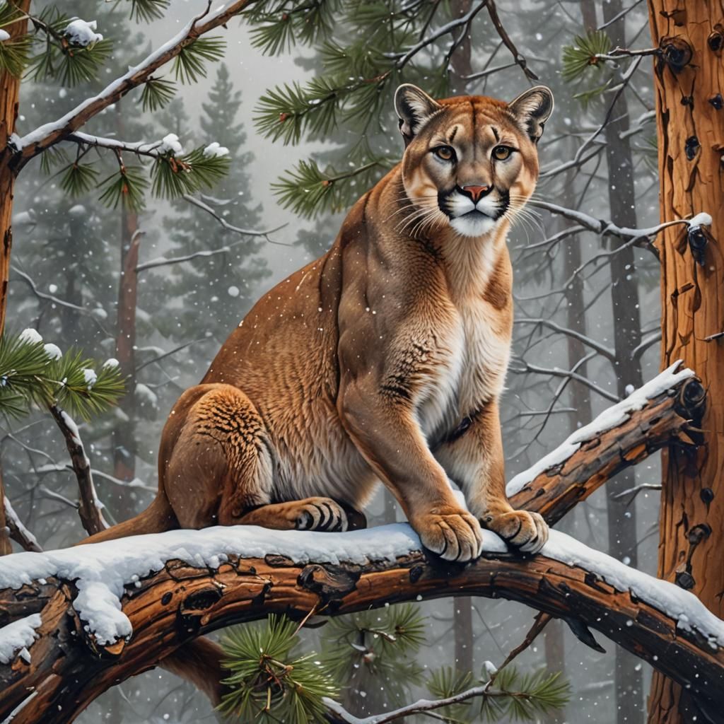 Mountain Lion in Winter, Oil Painting