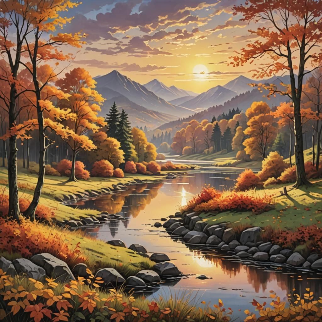 Sunrise Over Autumn Landscape: Detailed Illustration