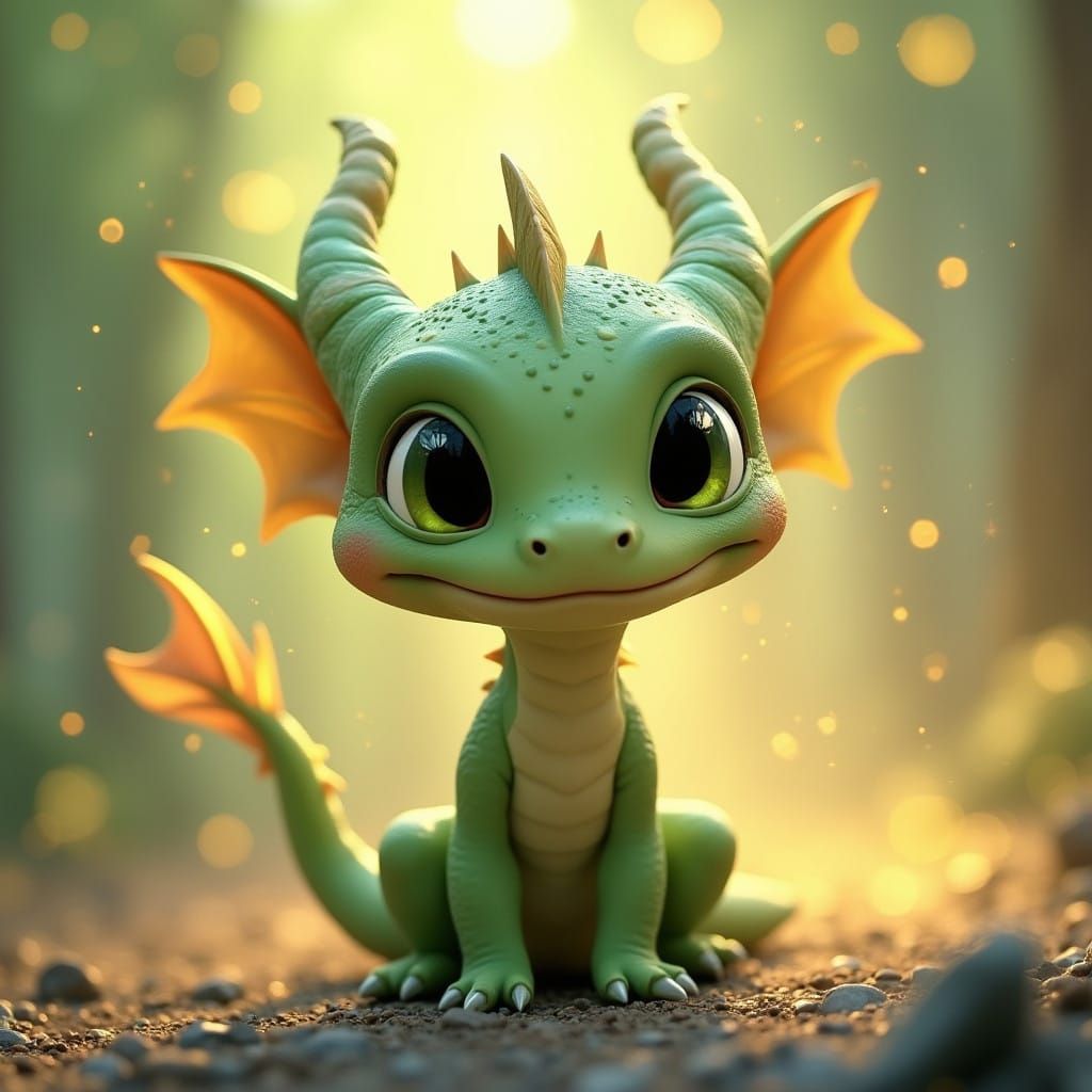 an adorable chibi pale green baby dragon Disney Style