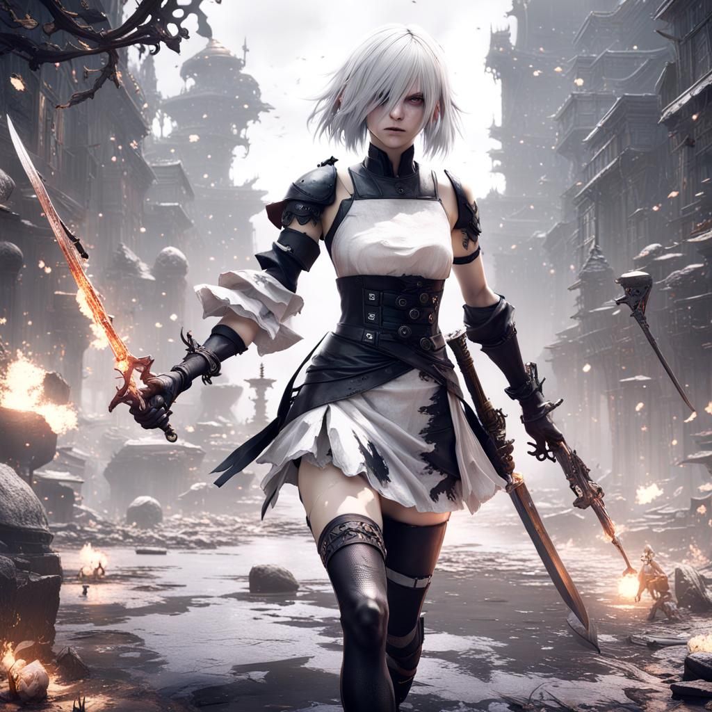 Nier Automata A2 Fighting Robots in a Destroyed World