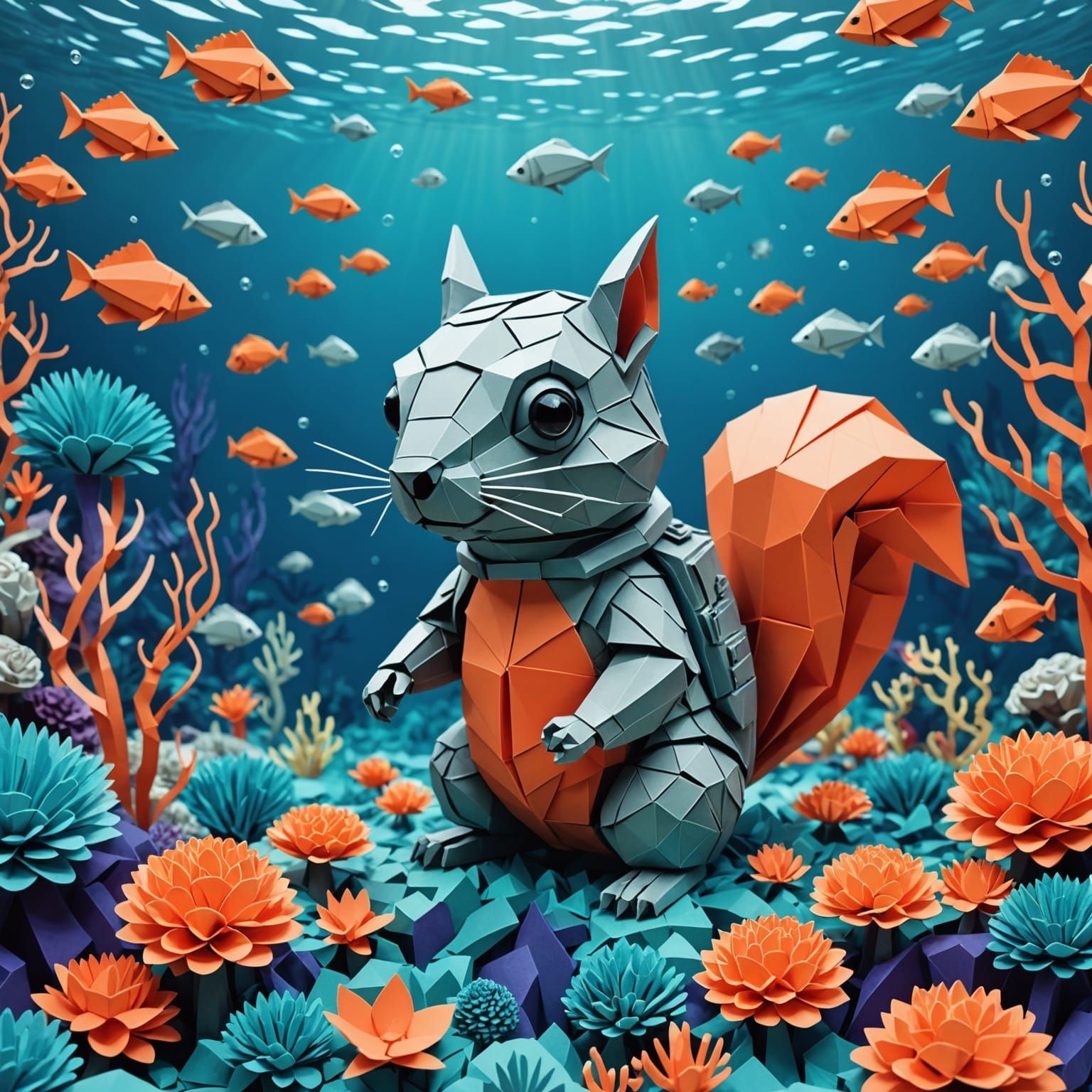 Origami Squirrel Swims Coral Reef in Ghibli Style