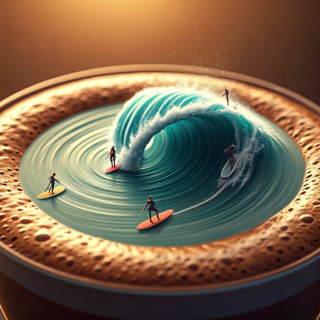 Surfers Ride Latte Waves in Dreamy Digital Art