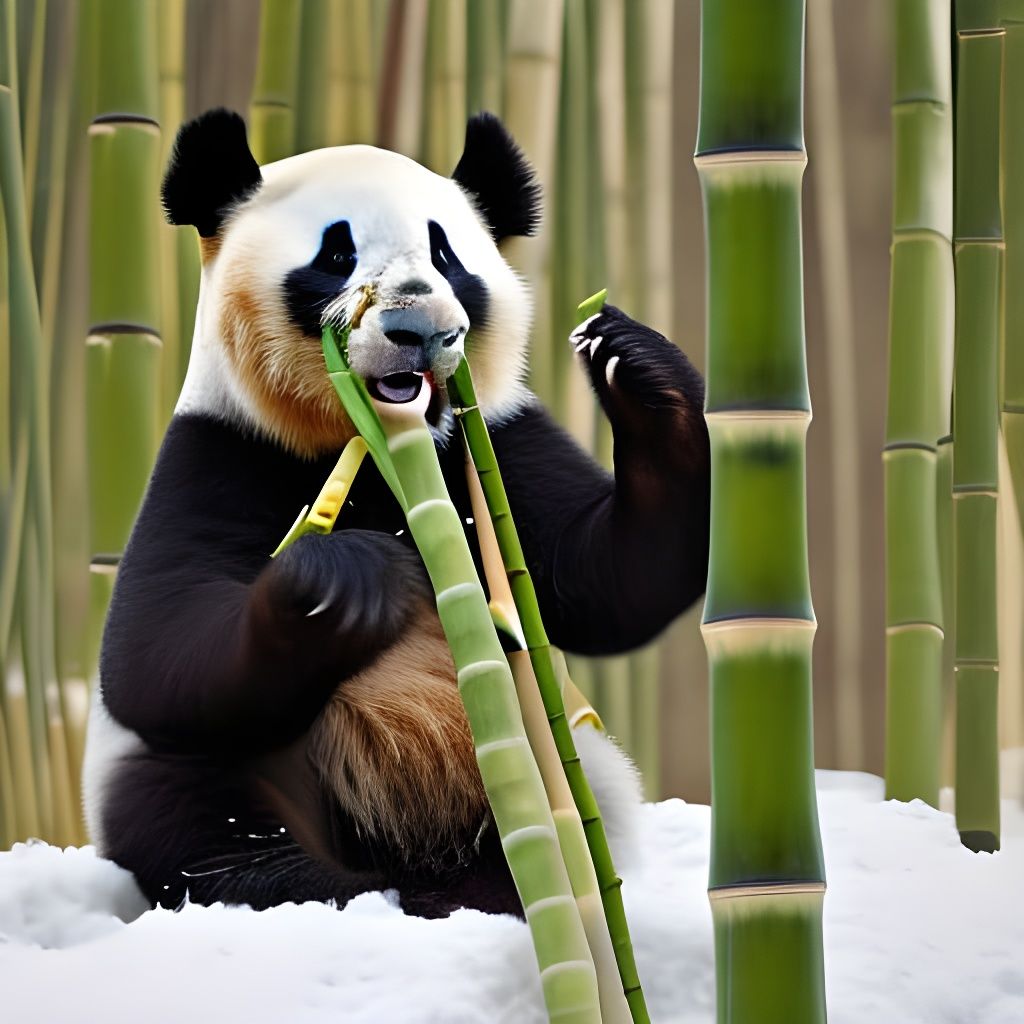 Happy Panda Enjoying Bamboo in Winter Snowstorm