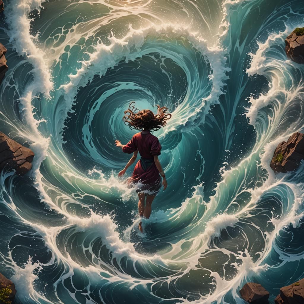 Drowning Girl in Swirling Waves: Detailed Matte Painting