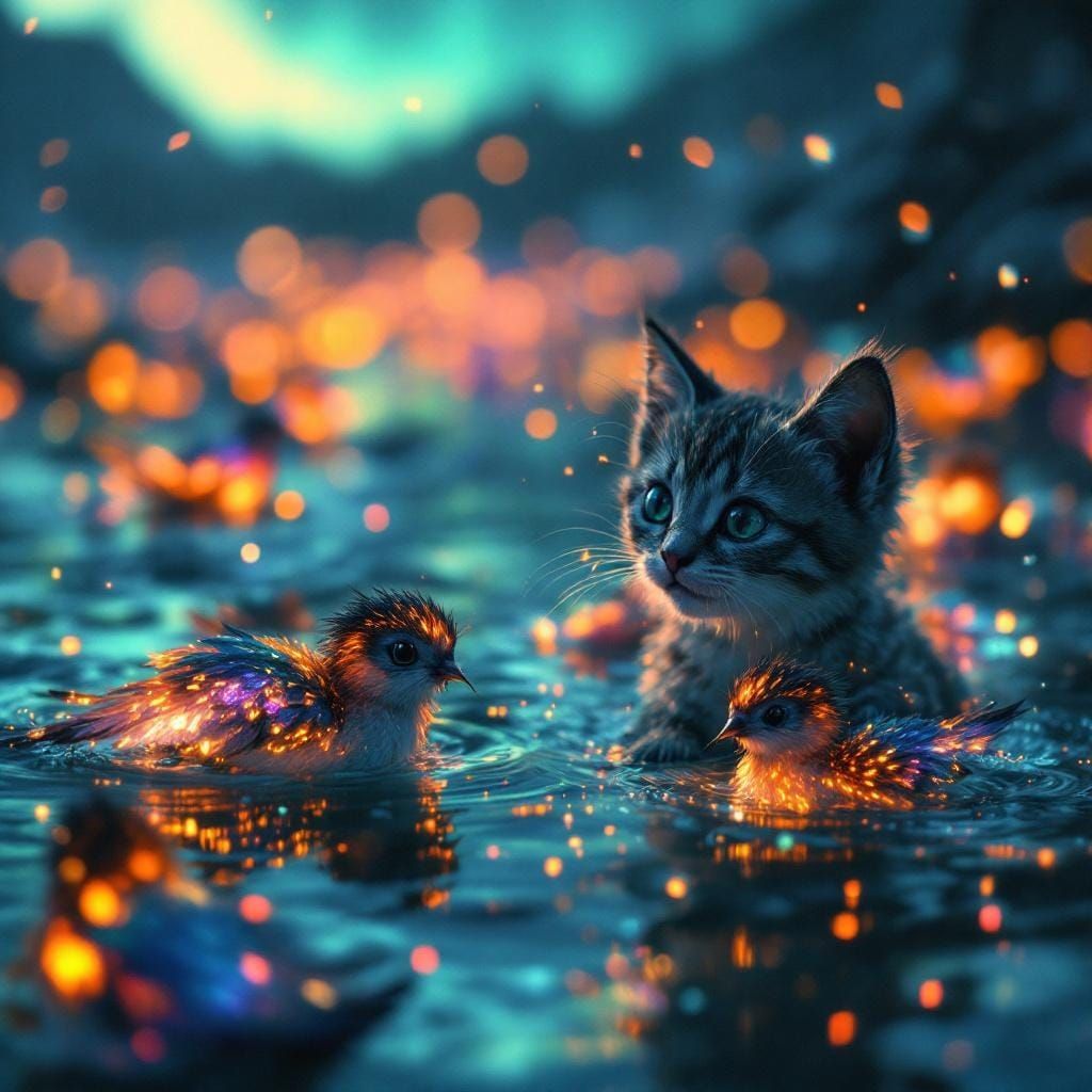Kitten and Phoenixes Under Aurora Lights