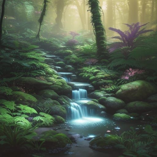 Whimsical Forest Waterfall in Vibrant 3D Anime Style