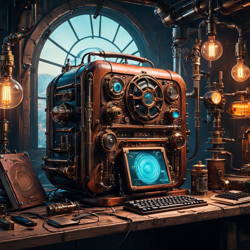 Vintage Futuristic Still Life of Retro Gadgets and Steampunk...