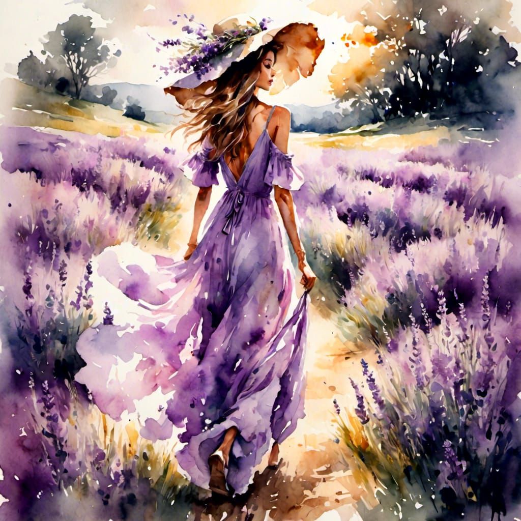 Woman in Lavender Field: Antique Watercolor Painting