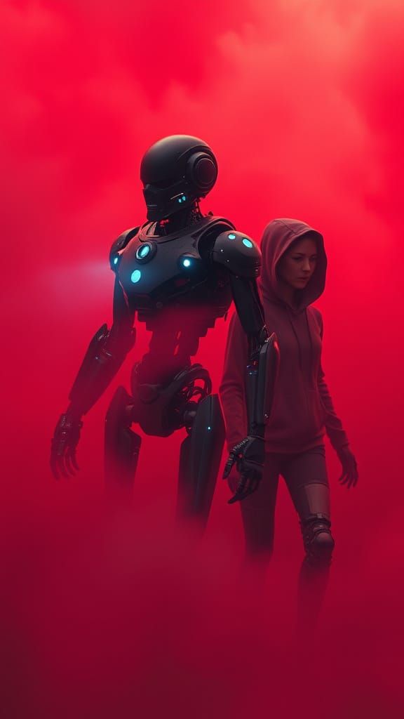 Futuristic Robot Emerges from Crimson Fog