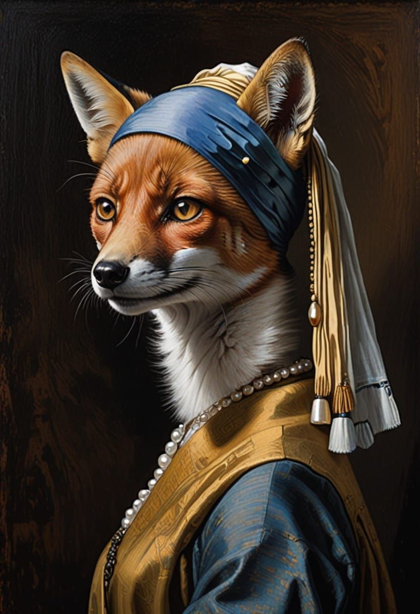 Anthropomorphic Fox Woman with Pearl Earring in Dutch Master...