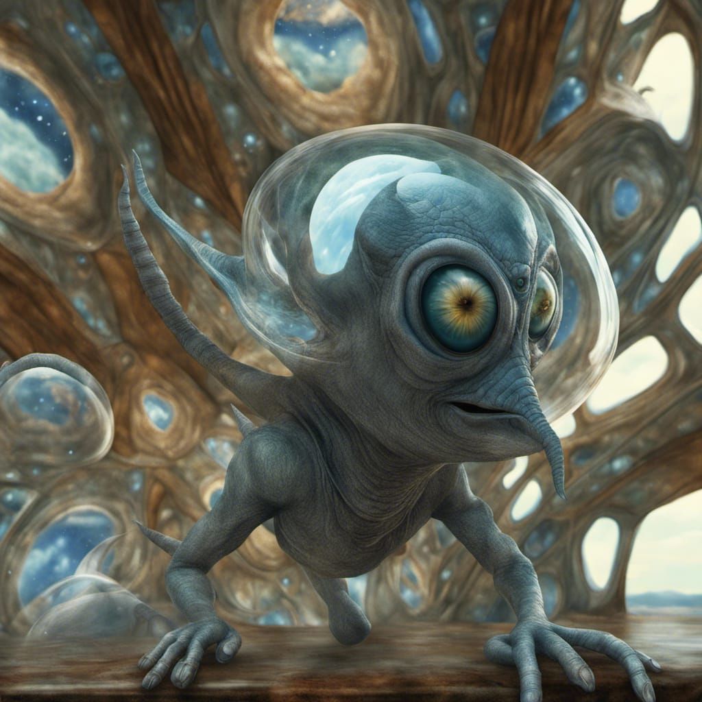 Smiling Alien People and Pets in Flight