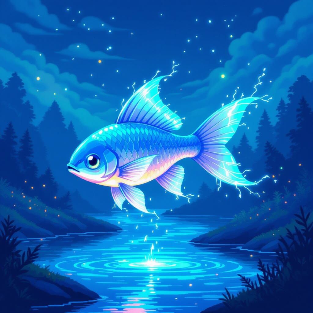 Pixel Art Alien Over Glowing River