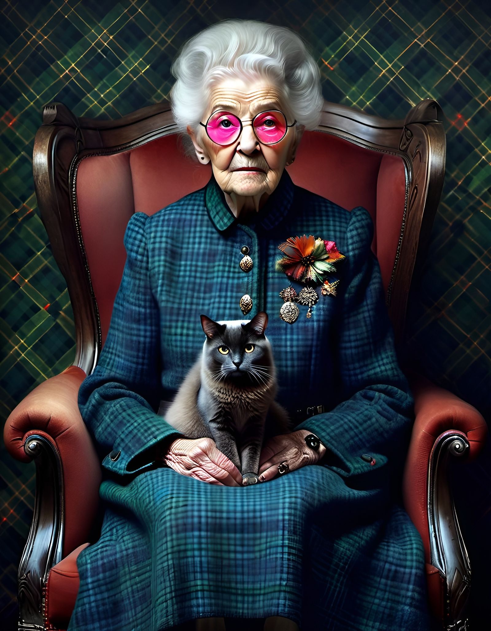 Plaid Grandma with Glowing Eyes: Digital Illustration