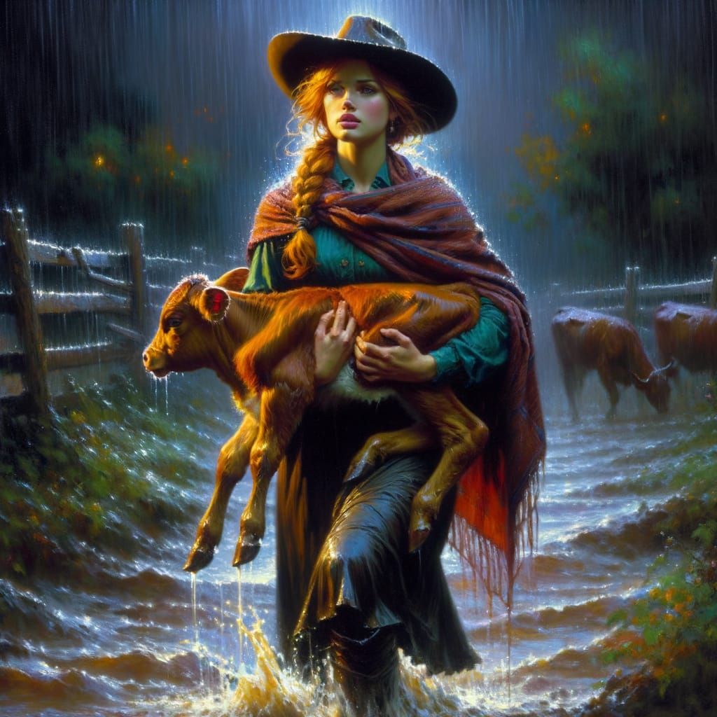 Cowgirl in Rainy Landscape as Oil Painting