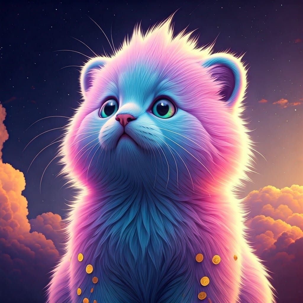 Celestial Bearish Cat in Dreamlike Landscape