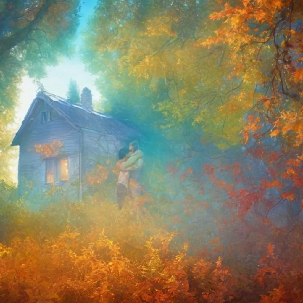Man Embraces Home in Surreal Autumn Landscape