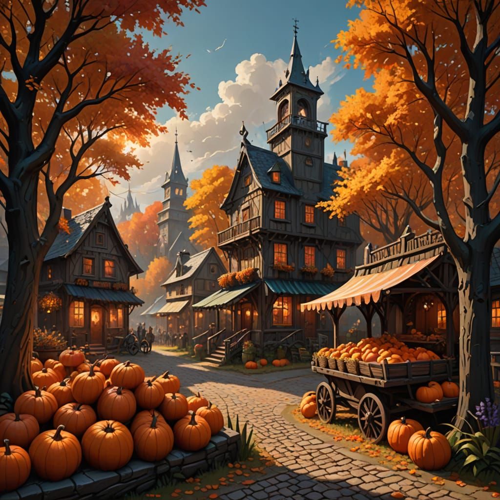 Charming Autumn Harvest Village Scene in Oil Painting Style