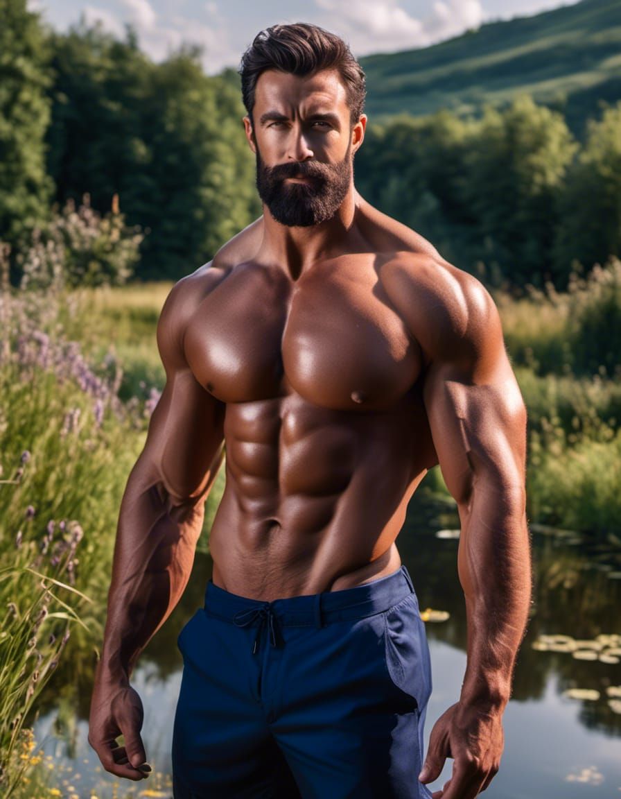 Handsome Bodybuilder with Knowing Smirk in Countryside