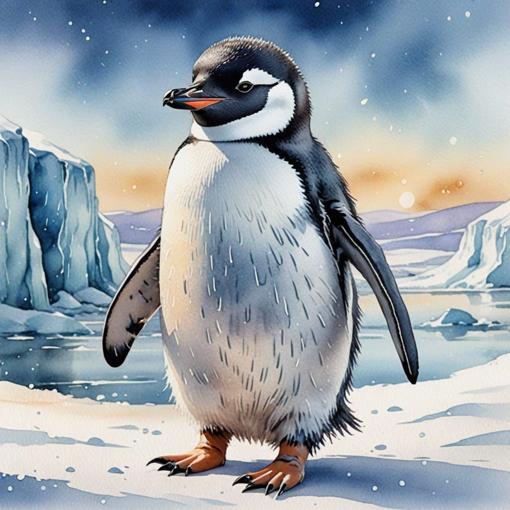Whimsical Watercolor Penguin Waddles Across Icy Landscape