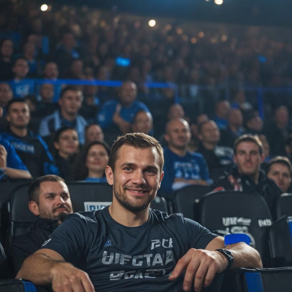 Photorealistic Portrait of Smiling Man in Stadium