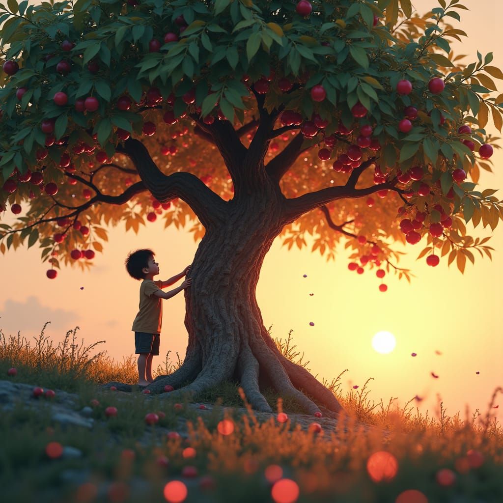 Twilight Cherry Tree with Child, Digital Matte Painting