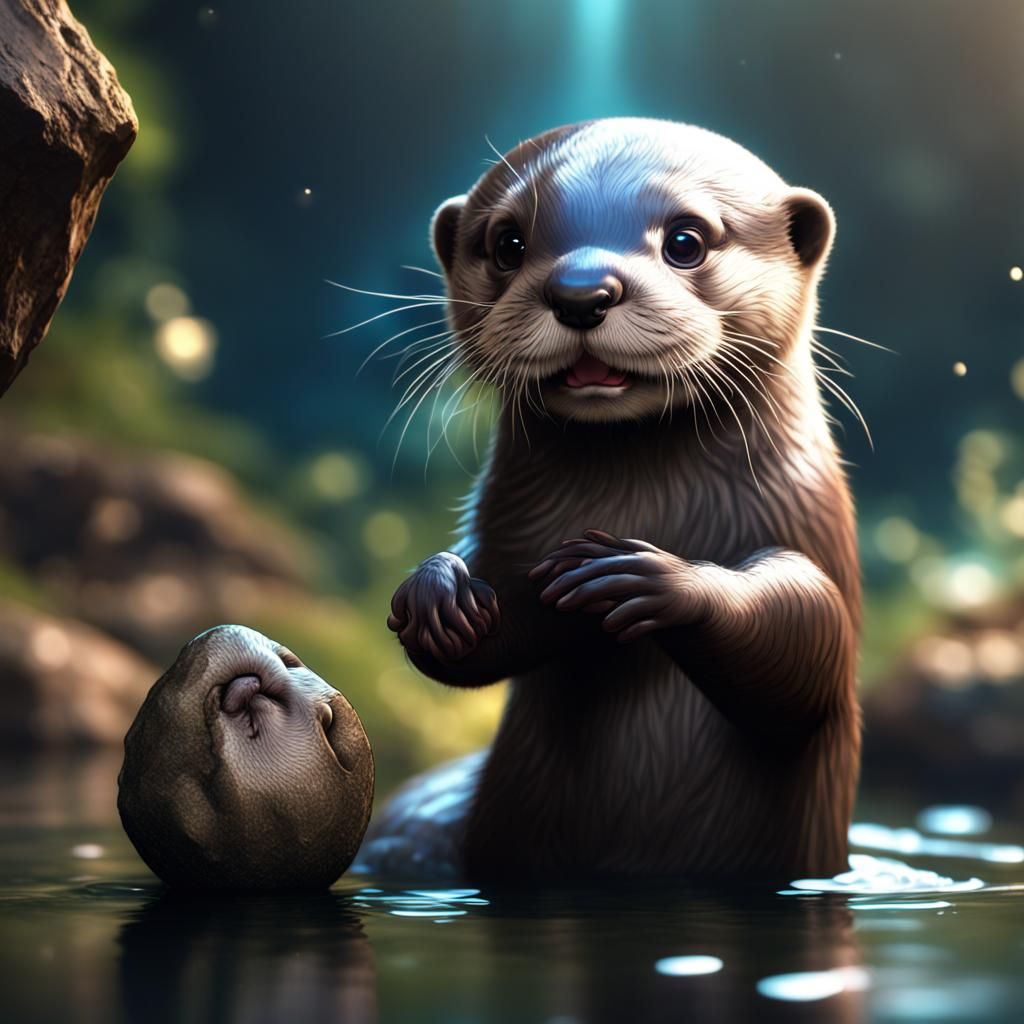 Baby Otter Plays with Rock: Detailed Fantasy Art