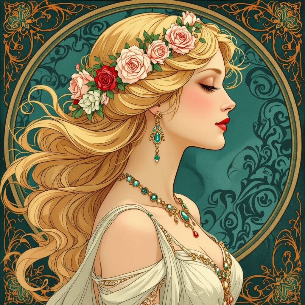 Art Nouveau Woman with Roses and Gold Jewelry