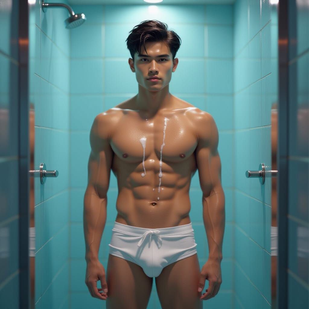 Handsome Thai Man in Shower: Hyperrealistic Underwear Ad