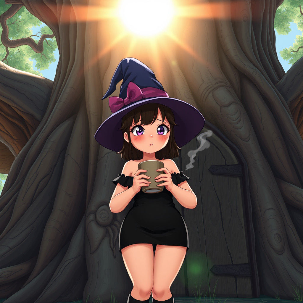 Blushing Chubby Witch with Coffee: Anime Style Art
