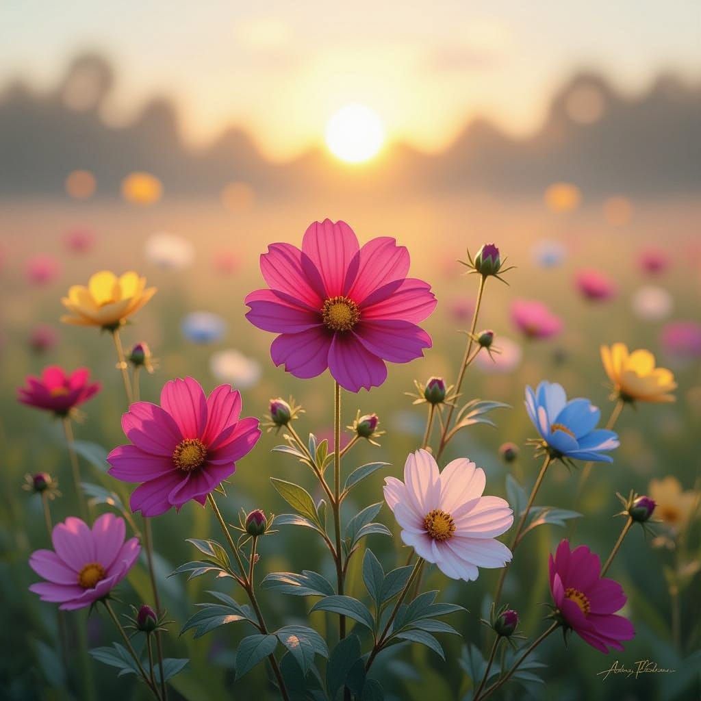 Vibrant Cosmos Blooms in Whimsical Australian Landscape