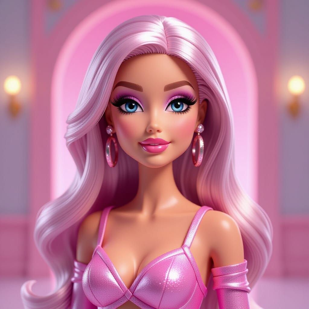 Glamorous Barbie Doll Character in Pink and Blue Hues