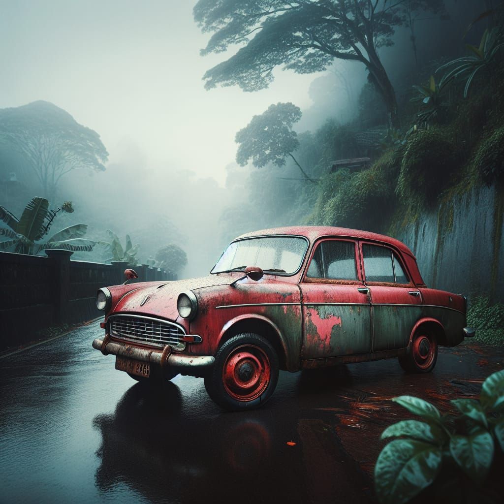 Vintage Red Car on Wet Street Under Overcast Sky