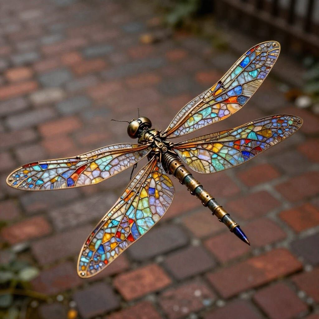 Steampunk Metal Dragonfly with Stained Glass Wings