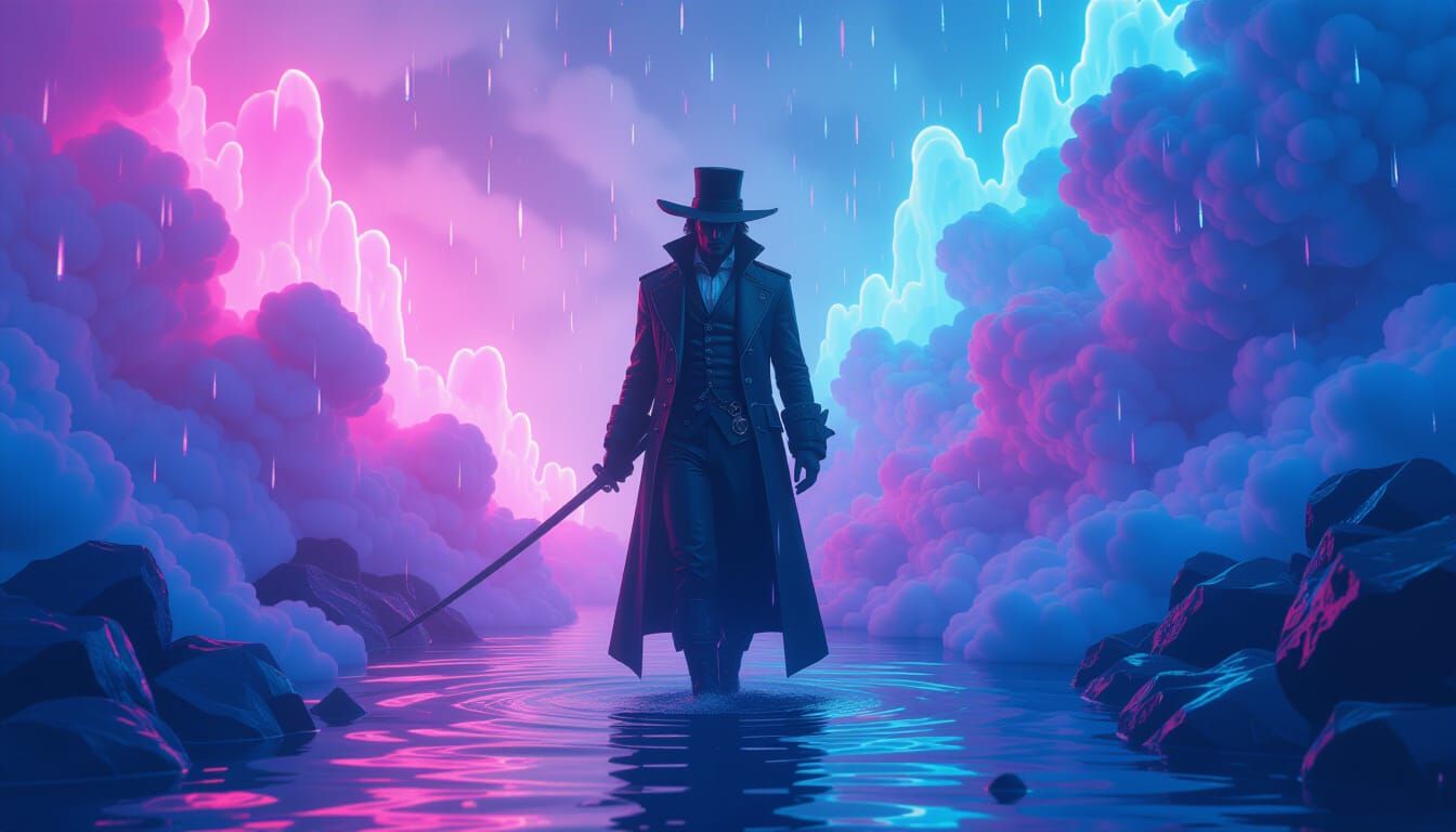 Mystic Figure in Neon Dreamscape with Acid Visuals