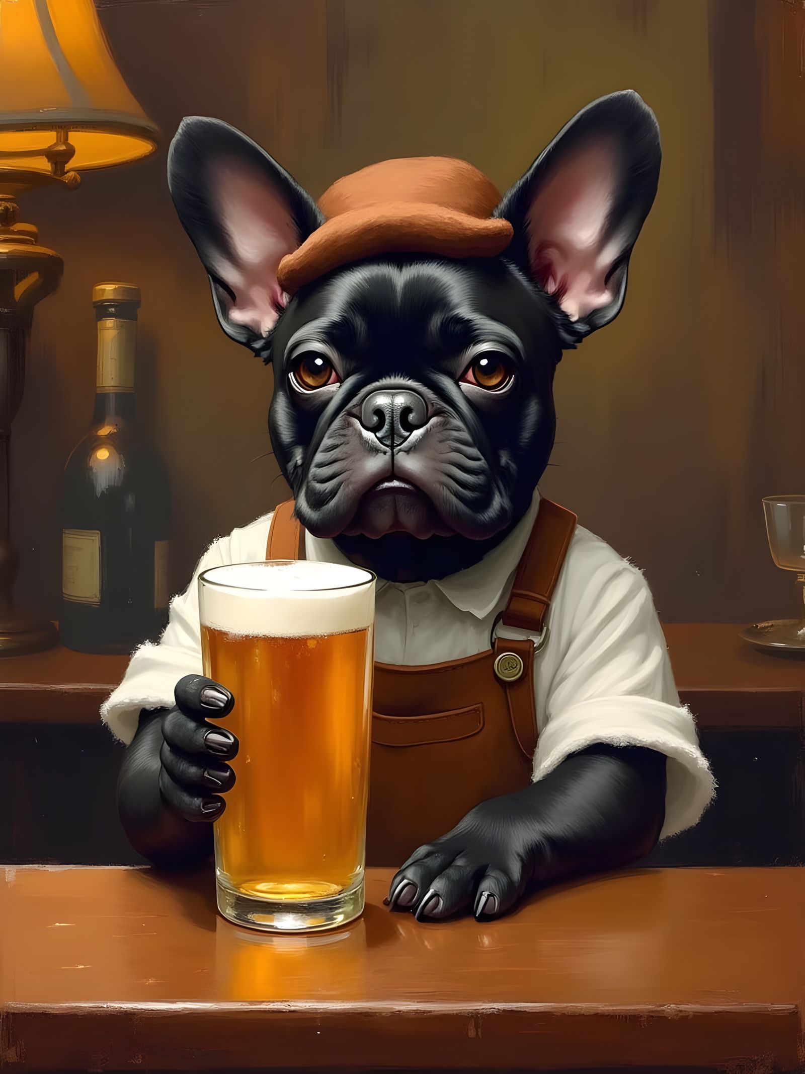 French Bulldog Bartender in Oil Painting with Texture