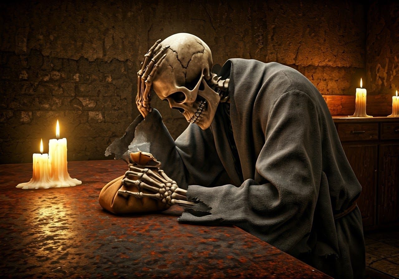 Sorrowful Skeleton Endures Agonizing Headache in Haunting, D...