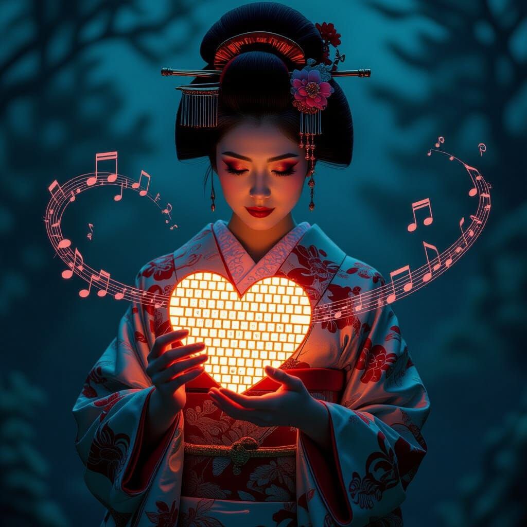 Surgeon Geisha with Musical Heart in Double Exposure Style
