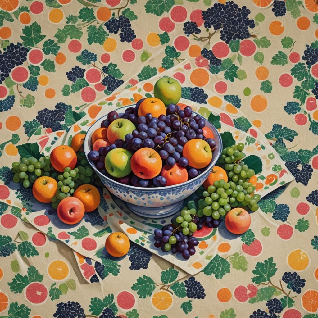 Vibrant Pointillist Still Life of Fruit Bowl