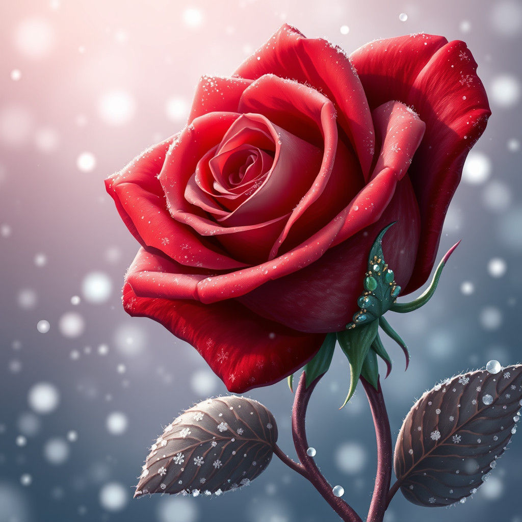 Gems and Glitter Adorn a Red Rose in Snow