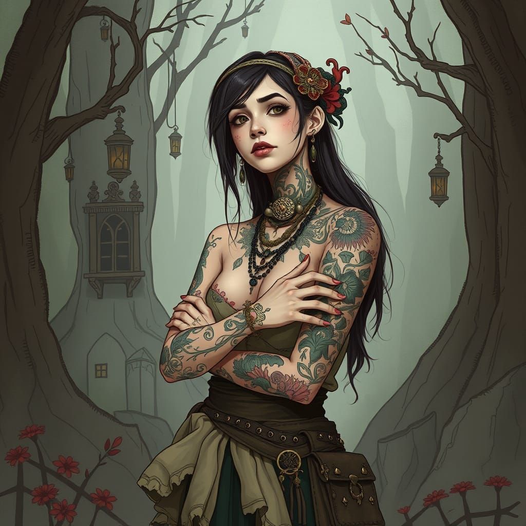 Woman in Whimsical Folk Art Style